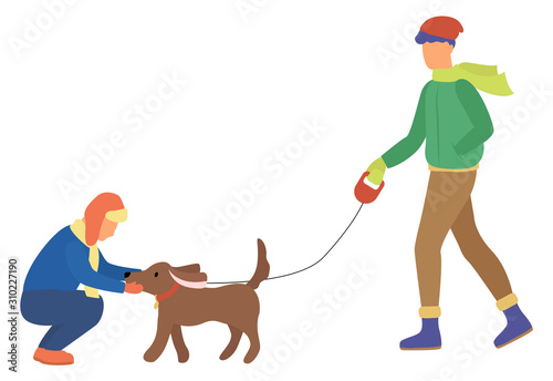 Man and woman walking with dog in winter park. Couple leisure outdoor with domestic pet. Male and female wearing casual clothes going with labrador. Friend training animal character outside vector