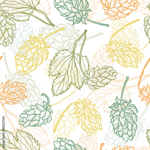 Beer Hops Vector Seamless Pattern. Common Hop or Humulus Lupulus Branch. Leaves and Cones. Vector Floral Background