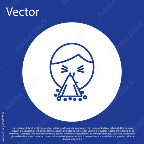 Blue line Man holding handkerchief or napkin to his runny nose icon isolated on blue background. Coryza desease symptoms. White circle button. Vector Illustration