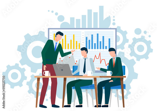Boss with workers on meeting. Business conference or seminar. People working on project together. Presentation of plans and strategies for future actions. Colleagues analysing information vector