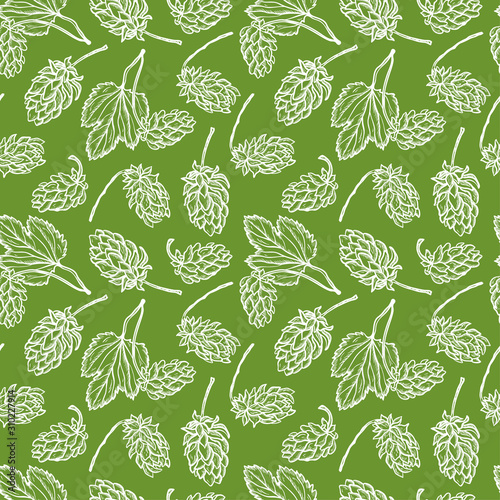 Beer Hops Vector Seamless Pattern. Common Hop or Humulus Lupulus Branch. Leaves and Cones. Vector Floral Background