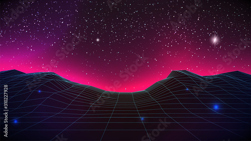 Synthwave Horizon Background. Virtual 3d landscape with Glow. Perspective Grid with starry sky. 80s sci-fi or game style. Banner, poster, cover or Retro party flyer template. Stock vector illustration