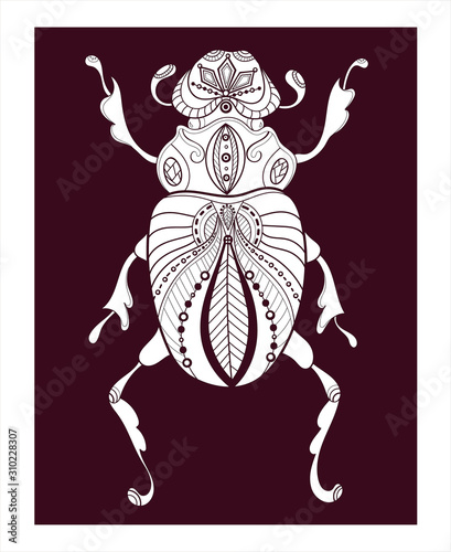 Pattern for coloring book. Coloring pages for adults and children. Natural elements  patterns. Antistress  art therapy. Black and white image of a beetle.
