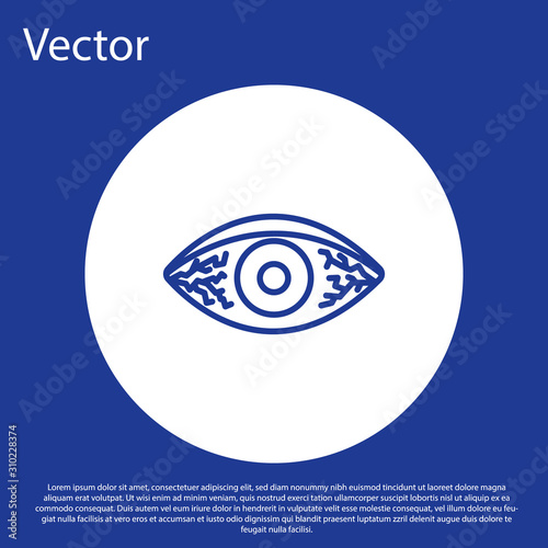 Blue line Reddish eye due to viral, bacterial or allergic conjunctivitis icon isolated on blue background. White circle button. Vector Illustration