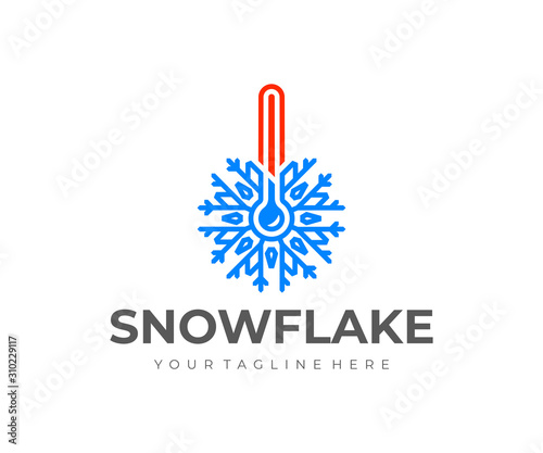 Thermometer shows low temperature logo design. Thermometer scale with snowflake vector design. Cold weather logotype