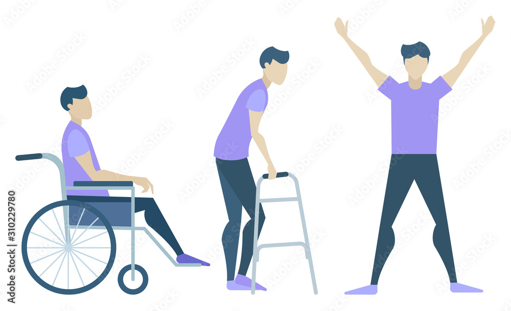 Handicapped character, recovery and rehabilitation stages isolated icons vector. Disabled man in wheelchair, with walker and healthy guy. Disability rehabilitation, invalid assistance illustration