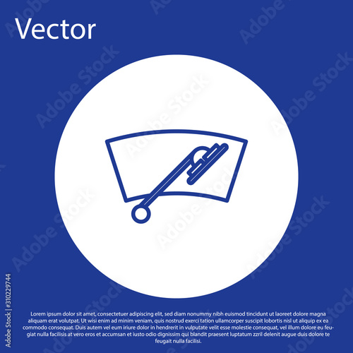 Blue line Windscreen wiper icon isolated on blue background. White circle button. Vector Illustration