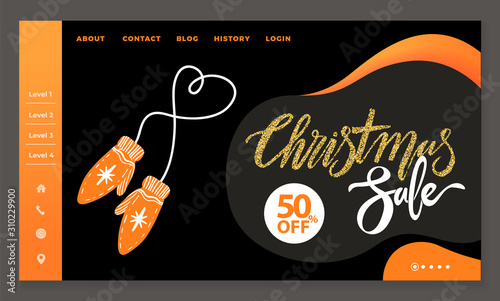 Christmas sale, discounts up to 50 percent, special offers on website. Designed web page with navigation menu. Promotion caption and icon of winter mittens on homepage. Vector illustration in flat