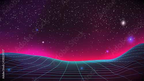 Synthwave Horizon Background. Virtual 3d landscape with Glow. Perspective Grid with starry sky. 80s sci-fi or game style. Banner, poster, cover or Retro party flyer template. Stock vector illustration