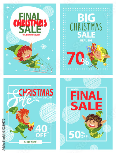Elves on Christmas sale posters, winter holiday discount, Santa helpers with gift boxes. Xmas special offer and best deal, shopping and presents. Advertising and New Year off vector illustration