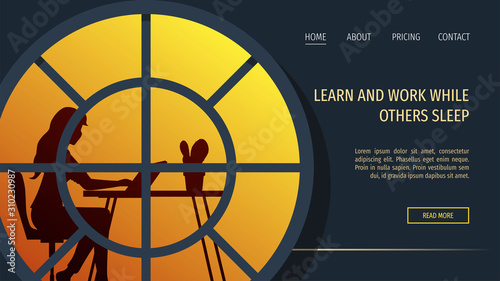Web page design template with silhouette of woman behind the large round window. Online education, Distant work, workplace concept. Vector illustration perfect for poster, banner, website, placard.