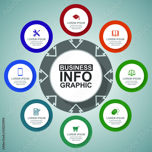 Business, education, law and technology diagram, flat design circular infographic template, web vector presentation in 8 options