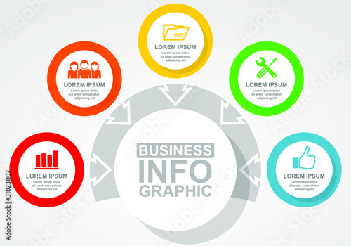 Business, social and technology diagram, flat design circular infographic template, web presentation, 5 options, vector illustration