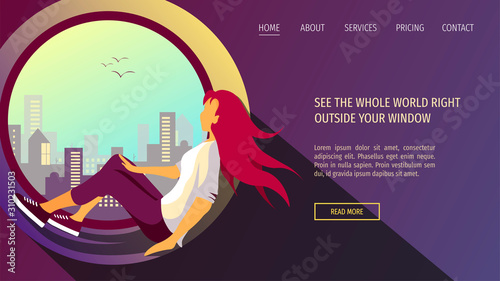 Web page design template with young woman sitting on the windowsill and looking at cityscape. Vector illustration perfect for poster, banner, website, placard.