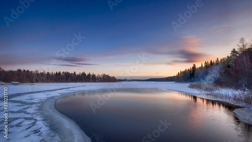 winter sunrise on the lake Ladoga island Kajosaari Republic of Karelia