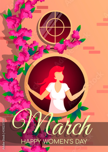 Cute A4 card design for March 8th, International Women's Day. House wall with plants and young woman looking out of the round window. Vector illustration 