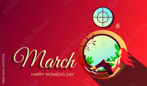 Cute card design for March 8-th, International Women's Day. Young woman sitting on a windowsill and looking at the view outside the window. Vector illustration for card, poster, banner, postcard.