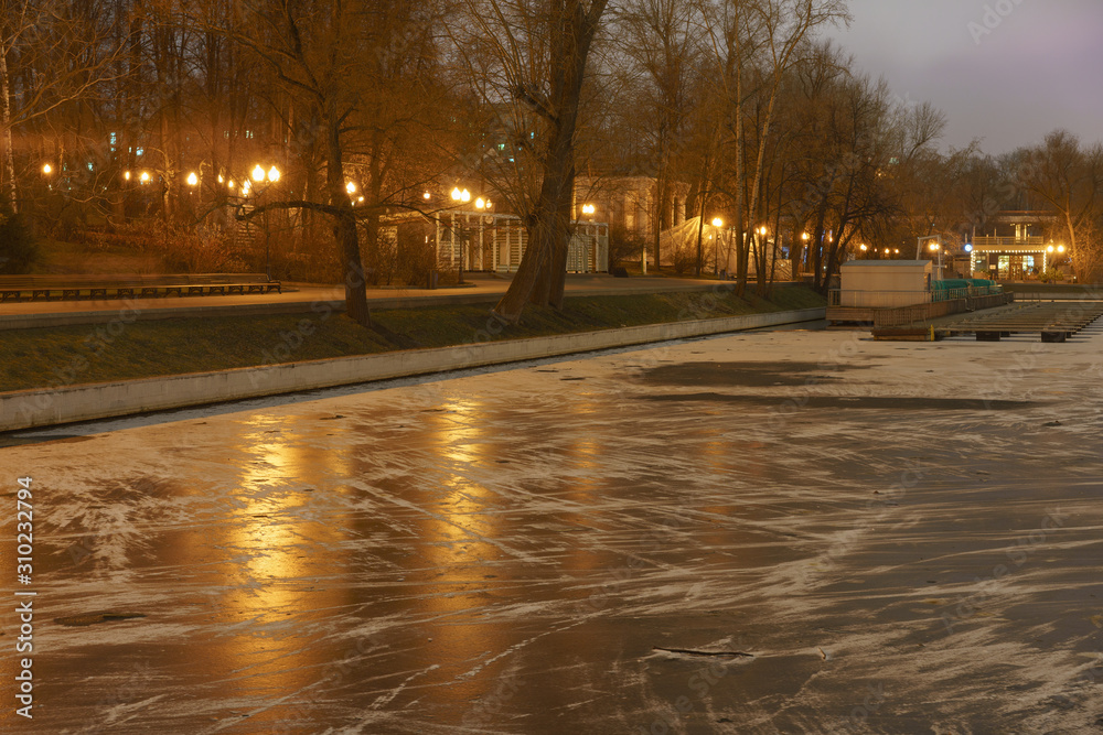 Ice covered pond in Moscow park. Night photography.