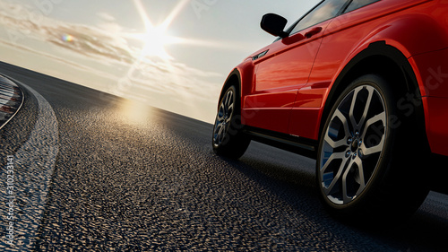 Fényképezés 3d car sedan rides on the road to meet the sun, concept 3d render for advertisin