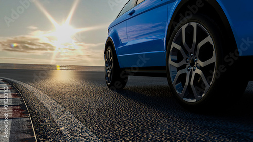 3d car sedan rides on the road to meet the sun, concept 3d render for advertising auto products