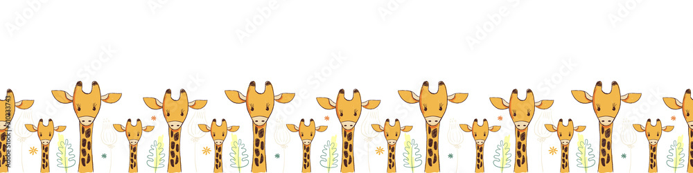 Fototapeta premium Seamless Vector Border Pattern with cute baby, mother and father giraffe on white background. African animal wildlife vector illustration.