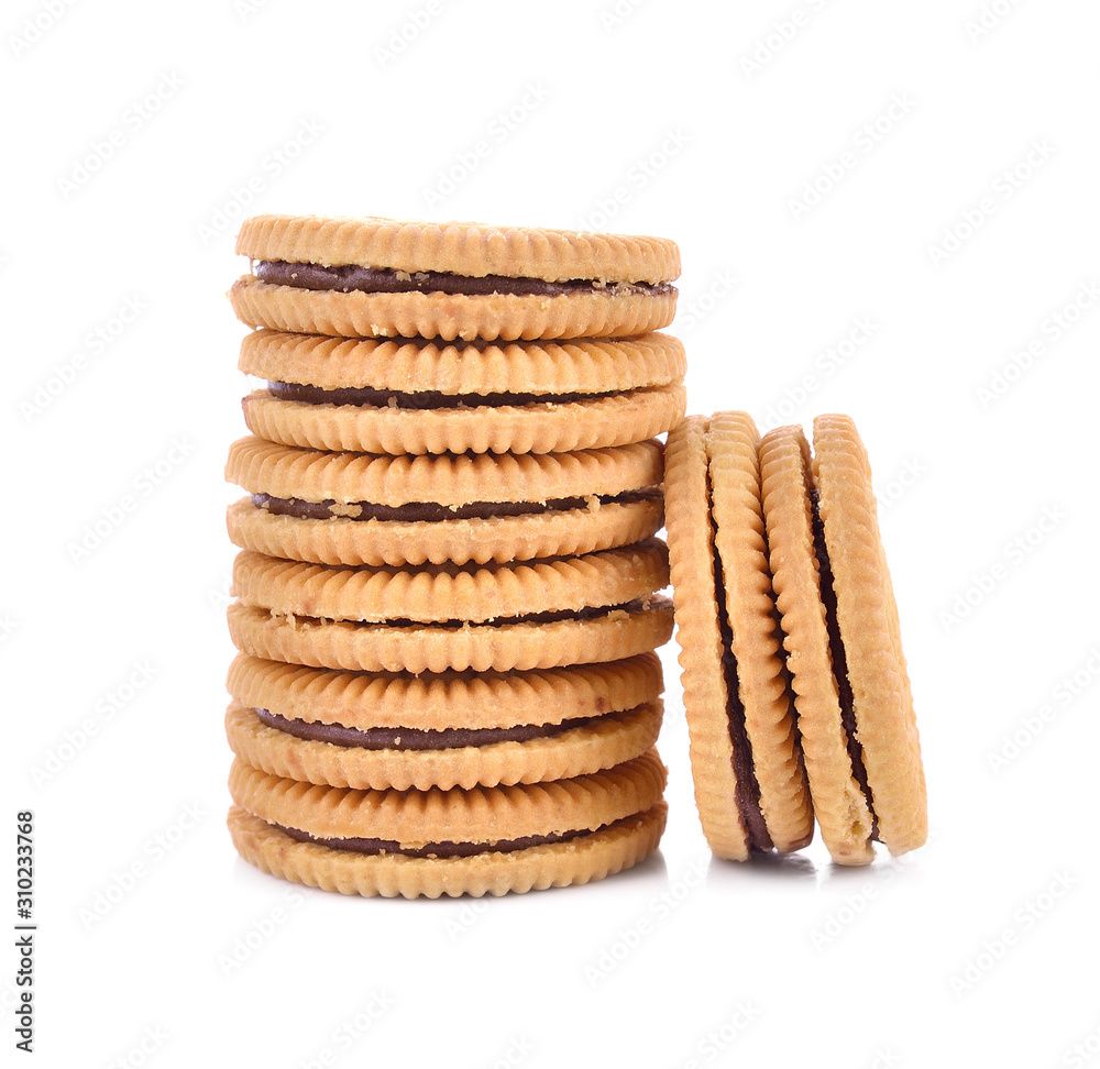 Sandwich cookie filled with chocolate cream on white Sandwich cookie filled with chocolate cream on white