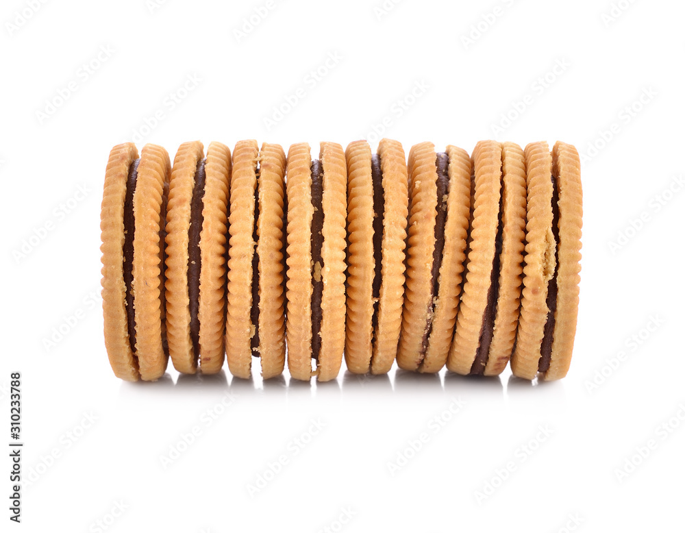 Sandwich cookie filled with chocolate cream on white Sandwich cookie filled with chocolate cream on white