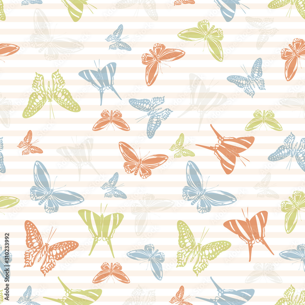Flying butterfly silhouettes over striped background vector seamless pattern. Flying butterfly silhouettes over striped background vector seamless pattern.