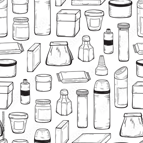 Packaging Vector Background. Blank Packing Seamless Pattern. Hand Drawn Sketch Glass  Plastic  Cardboard Package for Cosmetics and Goods