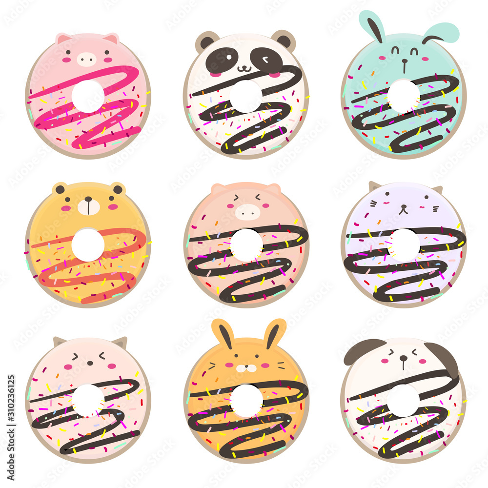 Cute animal donut cartoon set. Vector illustration. Cute animal donut cartoon set. Vector illustration.