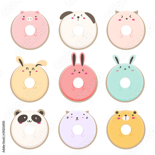 Cute animal donut cartoon set. Vector illustration.