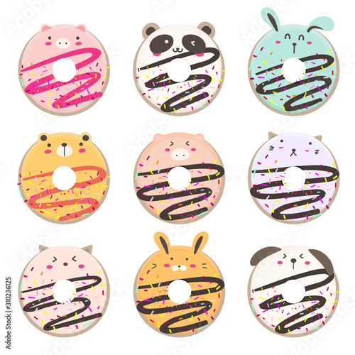 Cute animal donut cartoon set. Vector illustration.