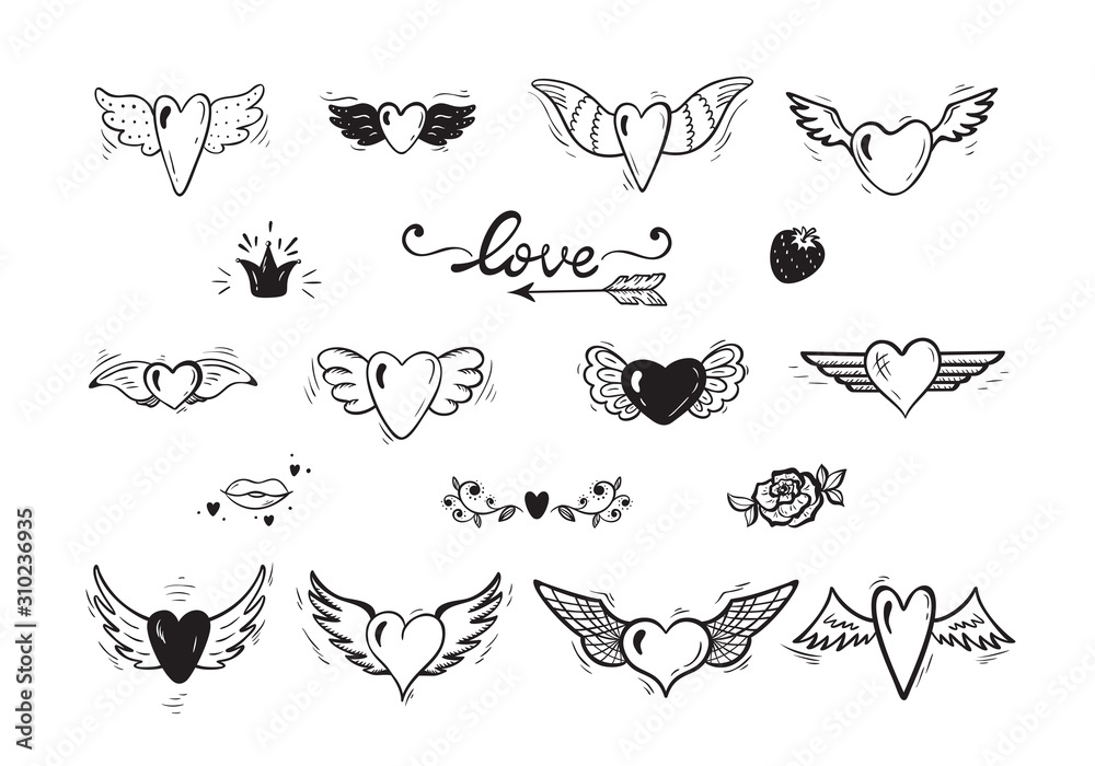 Love Vector Set. Beautiful Doodle Heart tattoo. Hearts with Wings for  Valentines Day or Wedding greeting cards. Hand drawn illustration Stock  Vector | Adobe Stock