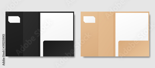 Open paper folders mockup. Blank paper folder with paper sheet and business card mockup template. Vector illustration.