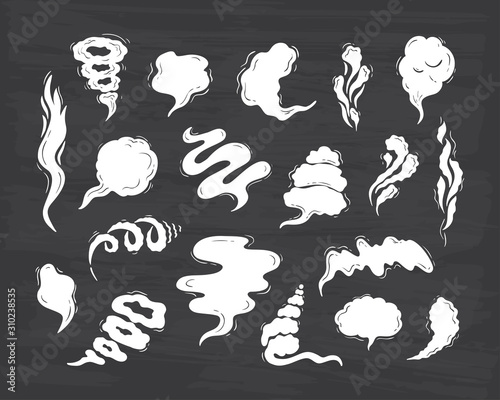 Steam clouds silhouette Vector Set. Hand drawn Doodle Smoke, Clouds, Fog or Steam. Chalk Board background. Black and white illustration