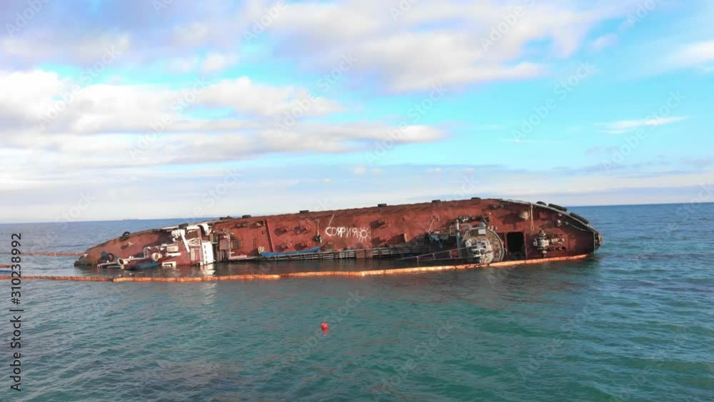 Ariel view of tanker stranded the coast of Odessa beach Ariel view of tanker stranded the coast of Odessa beach