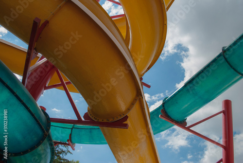 A water slide is a type of slide designed for warm-weather or indoor recreational use at water parks. "Ixtapan de la Sal" Mexican town