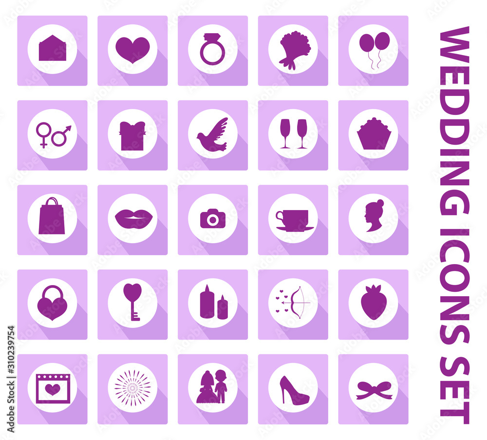 Wedding set of icons, design elements, black silhouette with long shadows.Marriage and romance of a collection of objects with ring, bride, groom, balloons, hearts, flowers. Vector illustration Wedding set of icons, design elements, black silhouette with long shadows.Marriage and romance of a collection of objects with ring, bride, groom, balloons, hearts, flowers. Vector illustration
