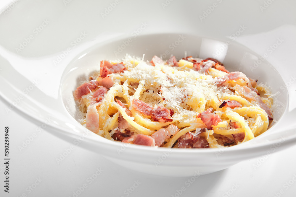 Macro Photo of Spaghetti Carbonara with Grated Parmesan and Bacon Macro Photo of Spaghetti Carbonara with Grated Parmesan and Bacon