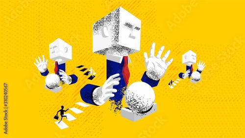 Fortune teller. Businessman is foretelling future with magic ball. Vector illustration in surrealism style.