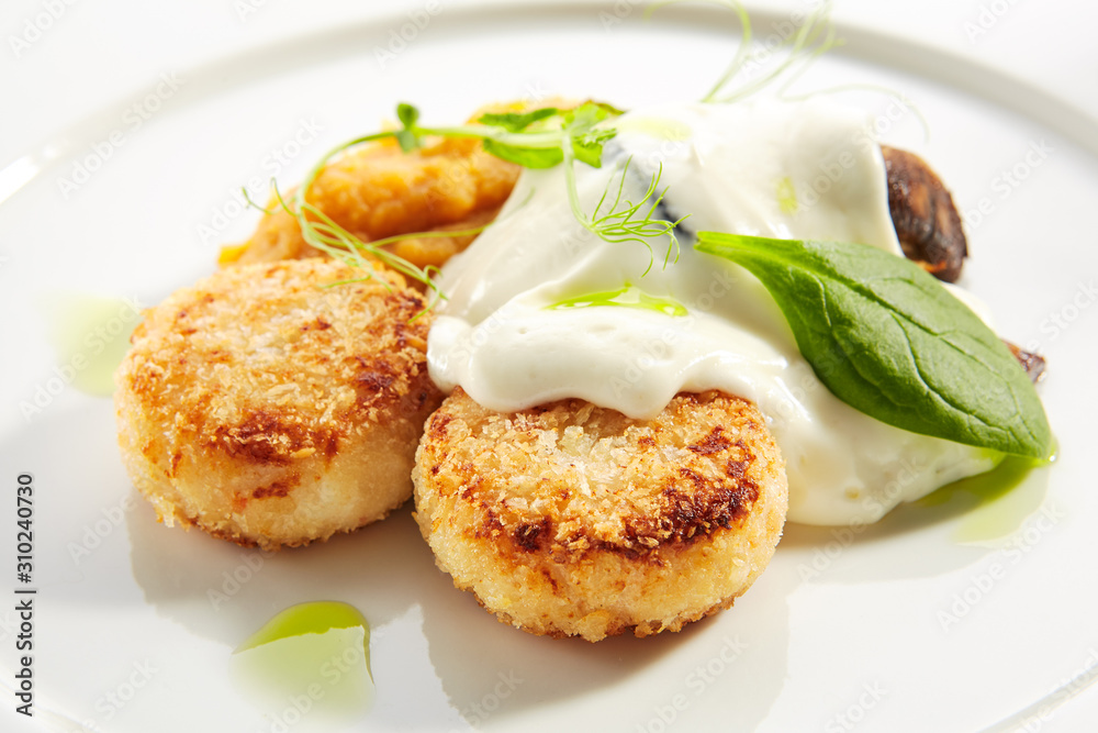 Halibut Cutlets or Fish Cakes with Cream Cheese Isolated