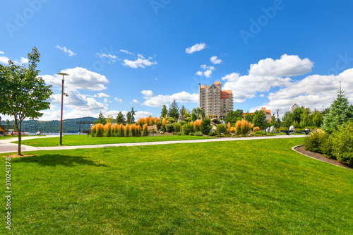 The lawn and manicured grounds of McEuen Park and the Coeur d'Alene Resort on Lake Coeur d'Alene in Northern Idaho, USA