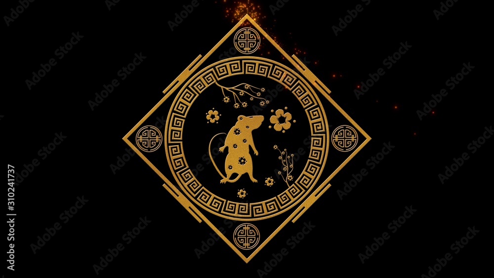 Lunar New Year, Spring Festival background with golden rat, fireworks. Chinese new year black starry night backdrop for holiday event. 3D rendering.