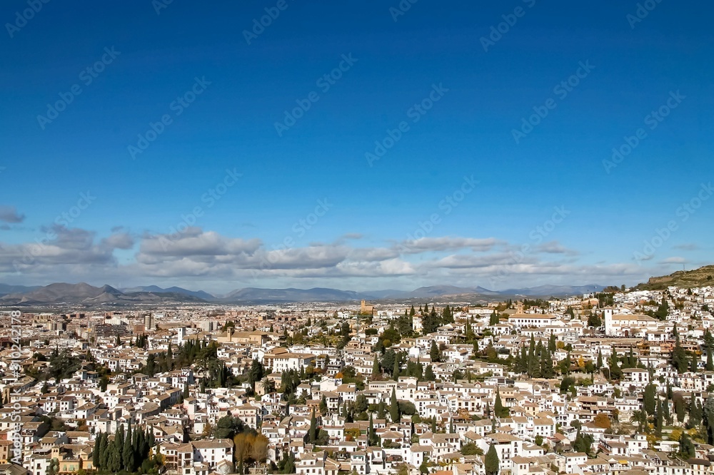 View of Granada old city from tower of Alhambra Palace, Granada, Spain