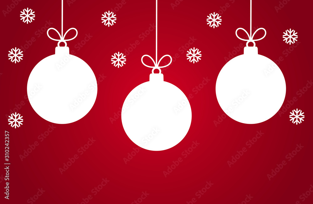 Christmas baubles ornaments and snowflakes on red background.