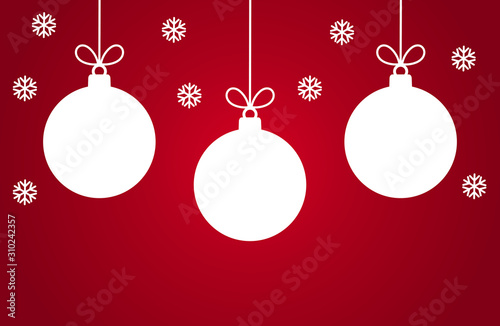 Christmas baubles ornaments and snowflakes on red background.