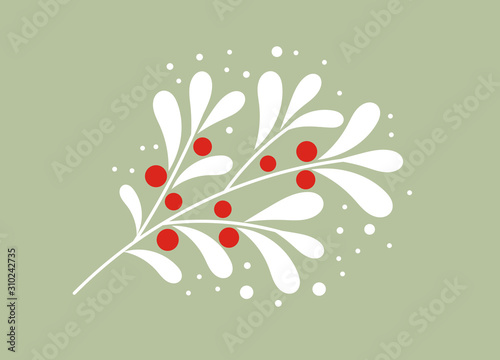 Murais de parede Christmas white mistletoe branch with red berries.
