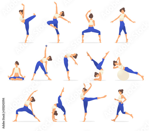Slim sportive young woman doing fitness and yoga exercises. Interest sportswear. Vector glitch overlay illustration design isolated on white background for t-shirt graphics, icons, posters, print