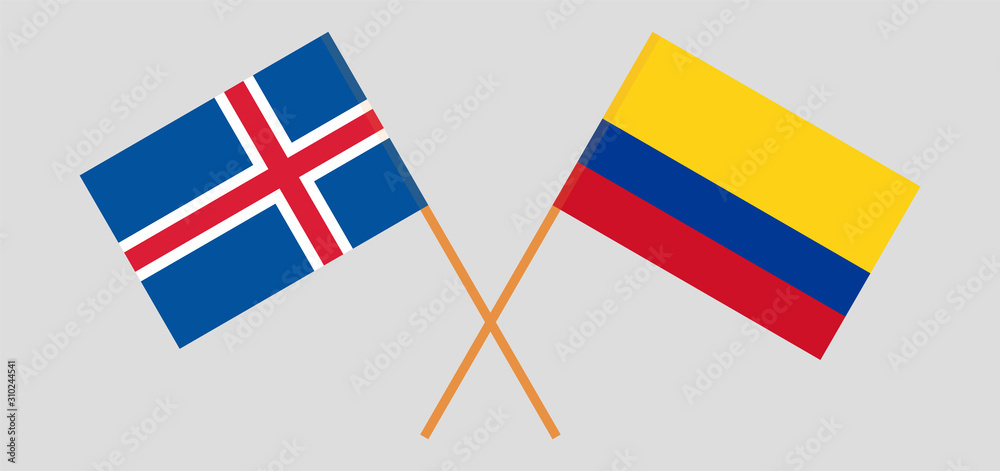 Crossed flags of Colombia and Iceland.
