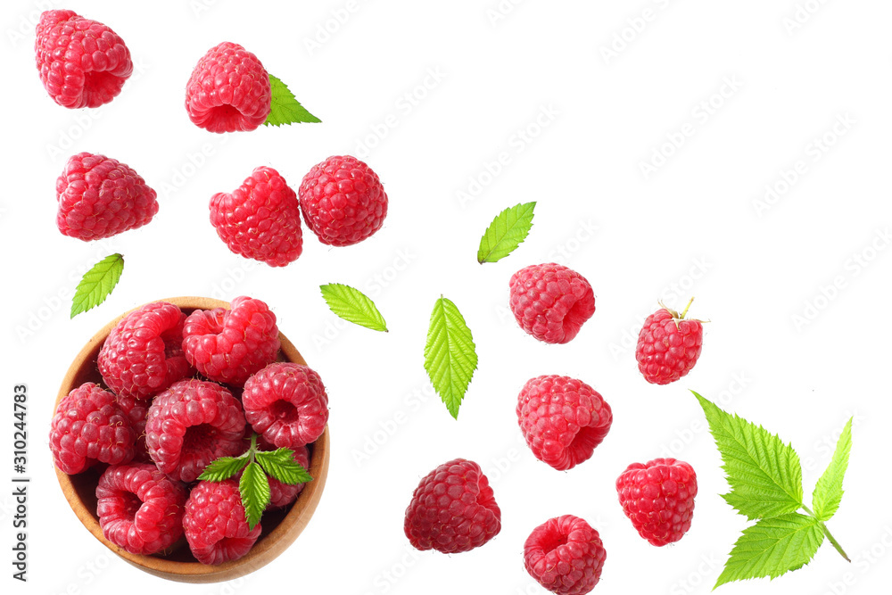 ripe raspberries with green leaf isolated on white background. top view ripe raspberries with green leaf isolated on white background. top view